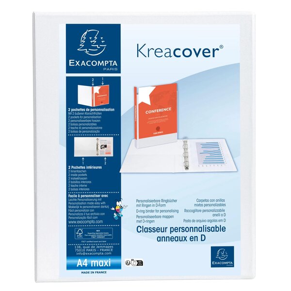 Classeur Personnalisable Rigide 2 Poches Kreacover - 2 Anneaux En D 20mm - A4 Maxi - Blanc - Exacompta