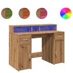 Bureau table poste de travail meuble d'ordinateur informatique étude avec lumières LED chêne artisanal bois d'ingénierie brun 02_0023413