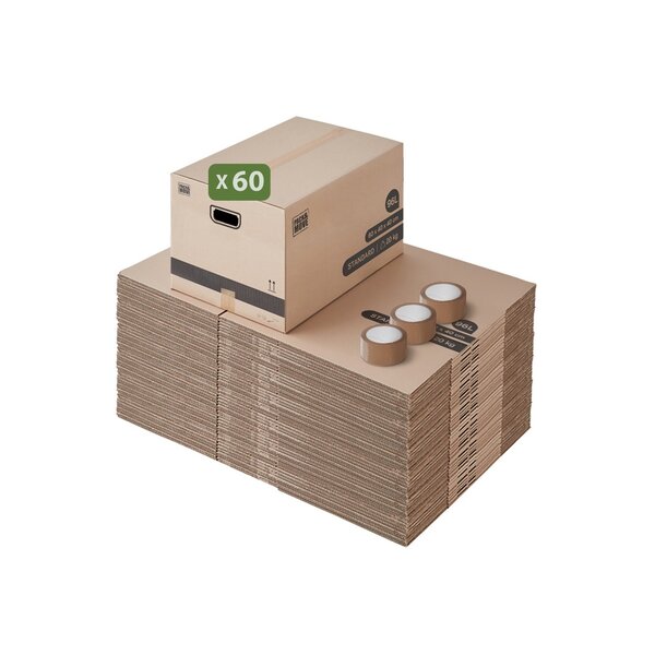 Pack and Move - Lot 60 cartons déménagement L larges - 40 x 60 x 40 cm - Poignées renforcées - 3 adhésifs offerts