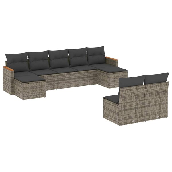 vidaXL Salon de jardin 9 Pièces avec coussins gris résine tressée