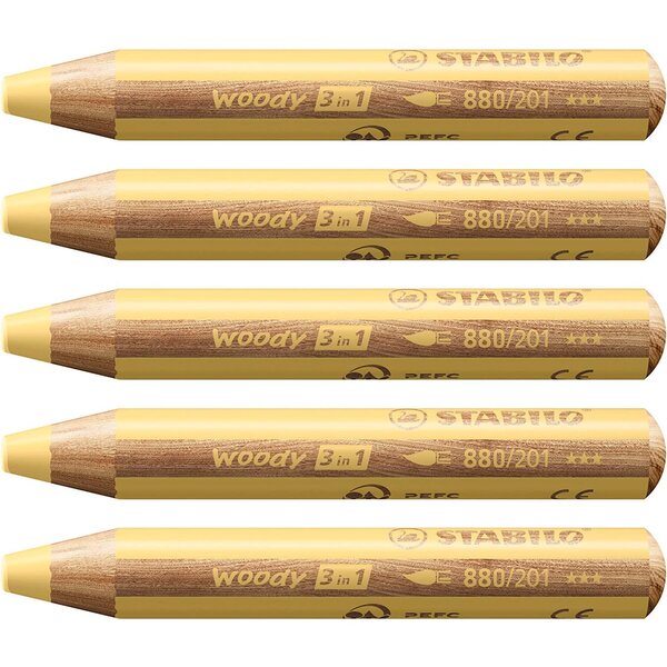 Crayon multi-talents woody 3en1  rond  jaune pastel x 5 STABILO