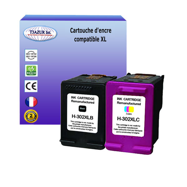 T3azur - 1+1 cartouches d'encre compatibles remplace hp 302 302xl noir+couleur pour hp officejet 3800  3830  3831  3832