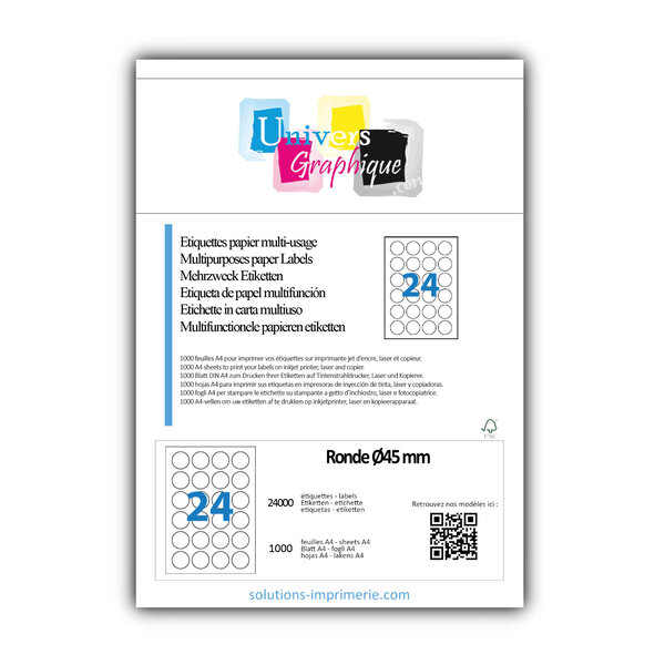 Lot de 1000 planches a4 de 24 étiquettes à bords vifs rondeø45 mm en papier blanc 70g/m² multifonction
