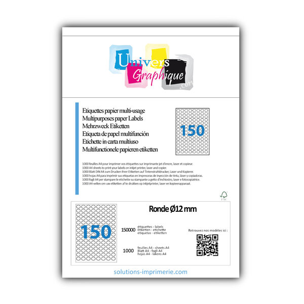 Lot de 1000 planches a4 de 150 étiquettes à bords vifs rondeø12mm mm en papier blanc 70g/m² multifonction