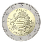 2 euros commémorative Malte 2012 - 10 ans de l'Euro.