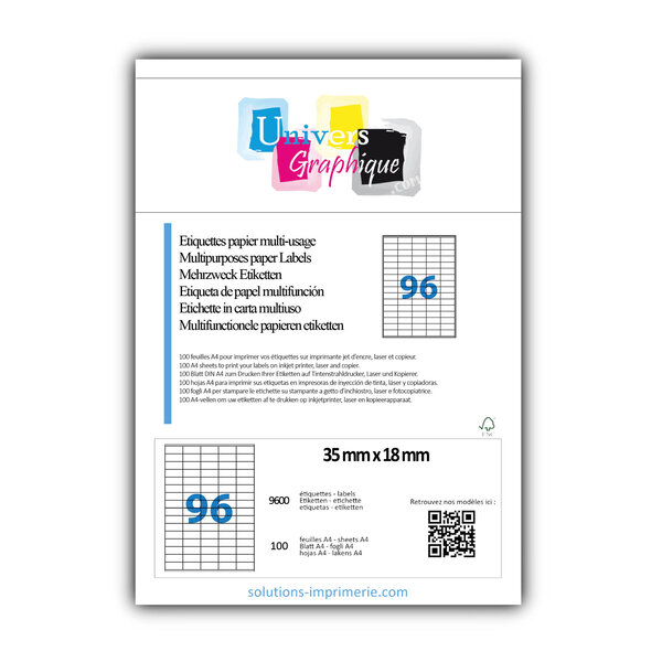 Lot de 100 planches a4 de 96 étiquettes à bords vifs 35 x 18 mm en papier blanc 70g/m² multifonction