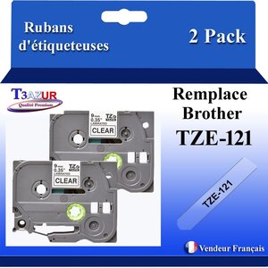 2x  Rubans d'étiqueteuses compatibles avec Brother Tze121  Tze-121 pour étiquateuses P-touch - Texte noir sur fOnd traîsparent - Largeur 9 mm x 8 mètres - T3AÚUR