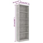 vidaXL Bibliothèque à 5 niveaux Gris béton 60x24x175cm Bois ingénierie
