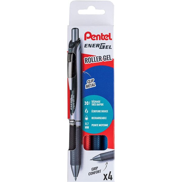 Pochette de 4 Rollers encre gel ENERGEL BL77 Noir Rouge Bleu  Bleu nuit PENTEL