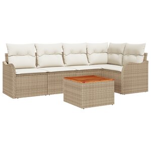 Ensemble de canapé de jardin 6 pièces avec coussins beige poly rattan acacia