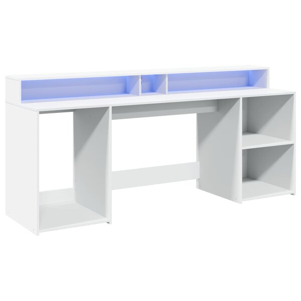 Bureau table poste de travail meuble d'ordinateur informatique étude avec lumières LED 200 x 55 x 91 cm bois d'ingénierie blanc 02_0023410