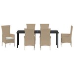 Set repas jardin vidaXL 7 pièces avec coussins Beige Rattan Poly