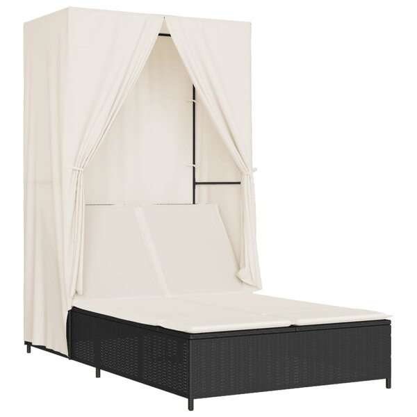 vidaXL Chaise longue double avec toit et rideaux noir résine tressée