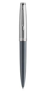 WATERMAN Emblème Deluxe stylo bille, gris avec attributs chromés, recharge bleue pointe moyenne, écrin