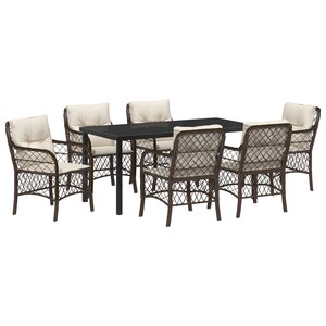 vidaXL Ensemble de Salle à Manger de Jardin 7 Pièces avec Coussins en Rattan Poly Marron