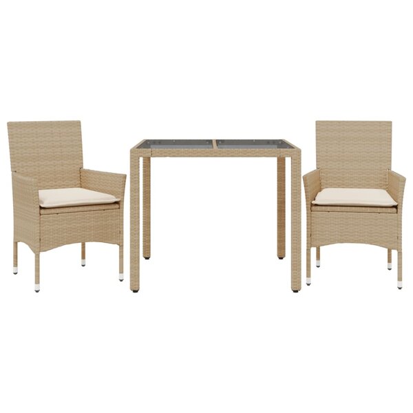 vidaXL Ensemble à manger de jardin et coussins 3 Pièces beige rotin verre