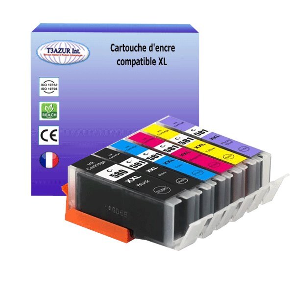 6 Cartouches compatibles avec Canon Pixma TS8241, TS8242, TS8250, TS8251, TS8252, TS8300, TS8350 remplace Canon PGI-580, CLI-581 XL - T3AZUR