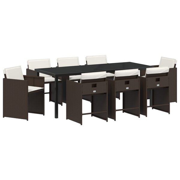 vidaXL Pack de salle à manger de jardin 9 pièces avec coussins - Poly Rattan marron