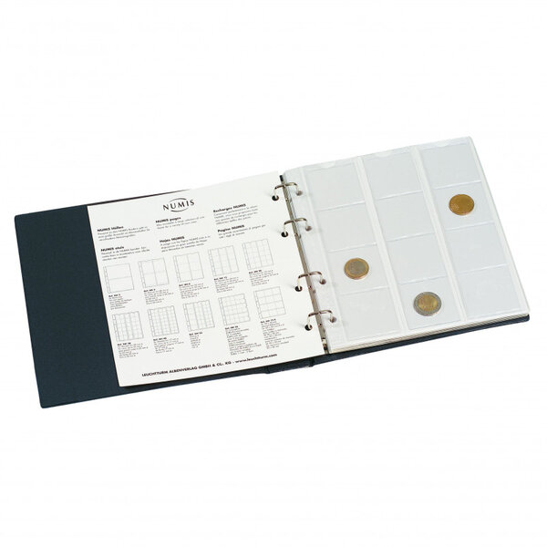 Album Numis avec 5 feuilles pour 143 monnaies de collection. Couleur - Bleu