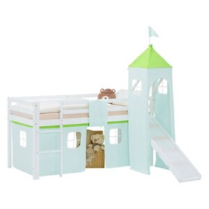 Lit mezzanine 90x200cm toboggan  sommier  tour et rideau pin vert