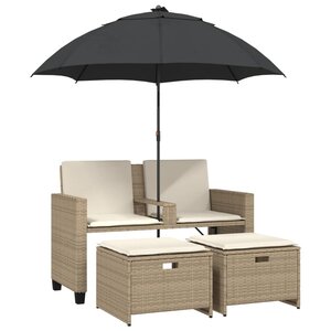 vidaXL Canapé de jardin 2 places avec parasol et tabourets beige rotin
