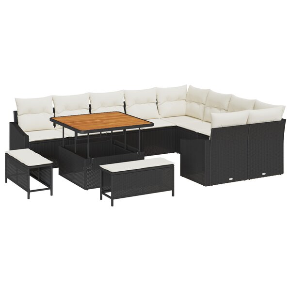 12 pièces de canapé de jardin avec coussins en poly rotin noir acacia