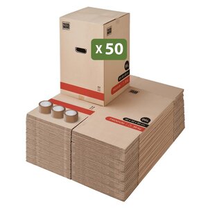 Pack and Move - Lot 50 Cartons Déménagement Premium - 40 X 40 X 60 Cm - Résistance 30 KG - Double Épaisseur - Poignées Renforcées - 3 Adhésifs Offerts