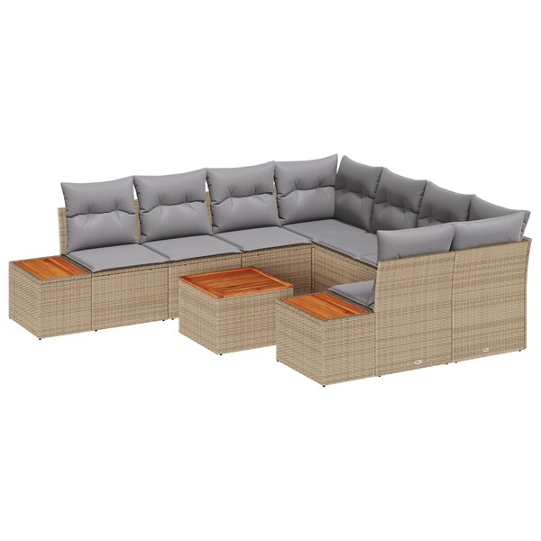 vidaXL Ensemble de Canapés de Jardin 9 Pièces avec Coussins Beige Poly Rattan Acacia