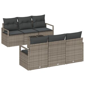 Canapé de jardin 7 pièces avec coussins gris en rotin