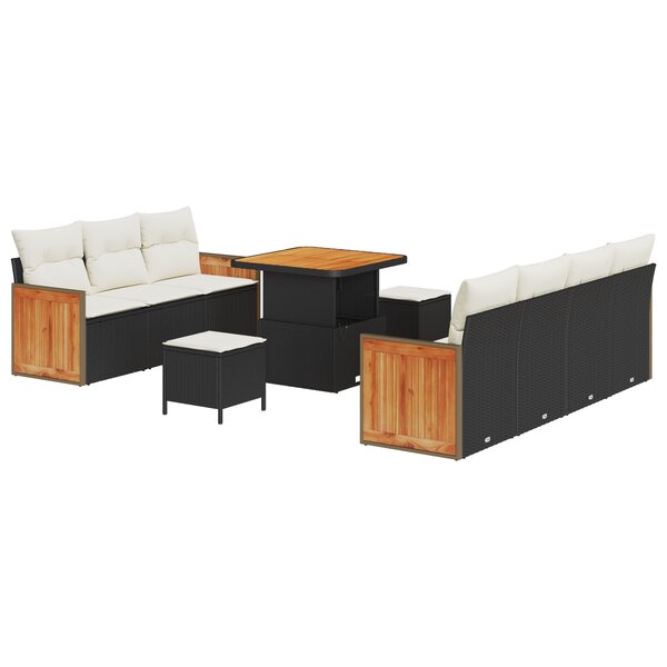 Ensemble de sofa de jardin 10 pièces vidaXL avec coussins en poly rotin noir et acacia