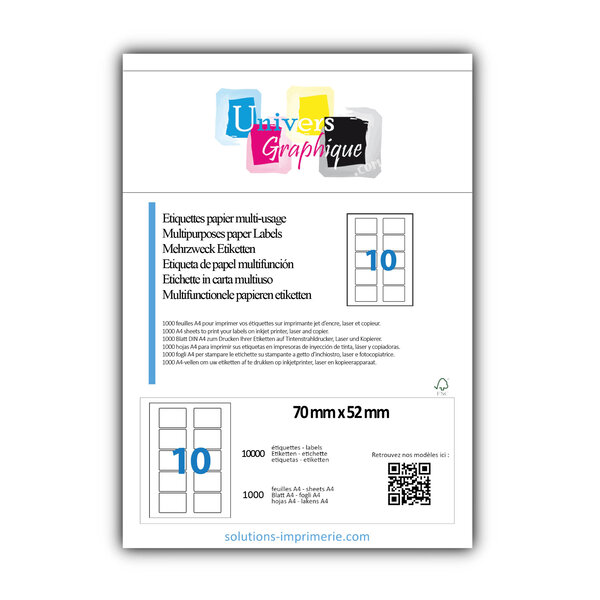 Lot de 1000 planches a4 de 10 étiquettes à bords ronds 70 x 52 mm en papier blanc 70g/m² multifonction