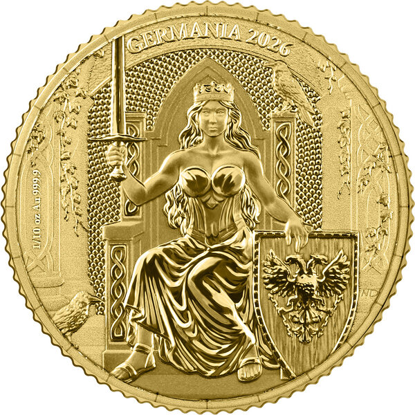 Monnaie GERMANIA Queen on the Throne 1/10 Oz Or 20 Mark Germania 2026
