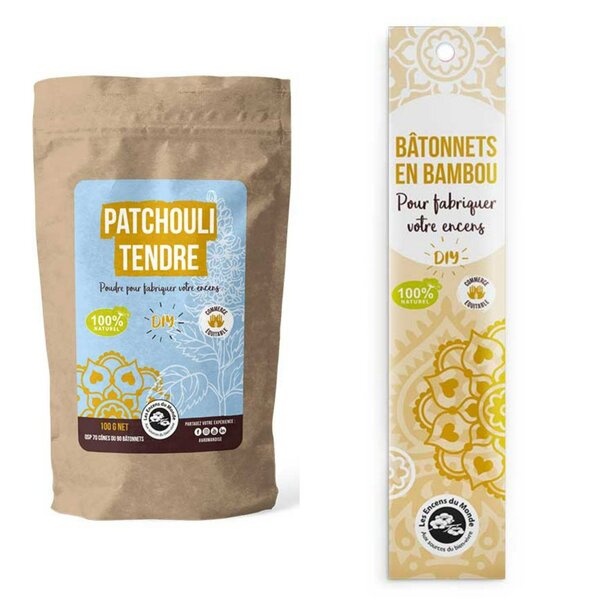 DIY encens - 100 Bâtonnets nus en bambou + Poudre Patchouli Tendre