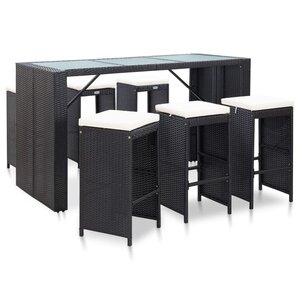 vidaXL Ensemble de bar de jardin 7 Pièces avec coussins poly rotin noir