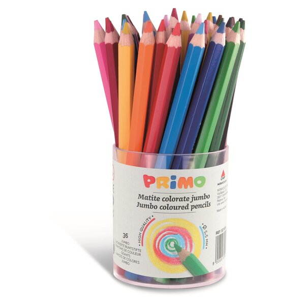 Pot de 36 crayons de couleur géants hexagonaux  laqués 12 couleurs. Ø 5.5mm PRIMO