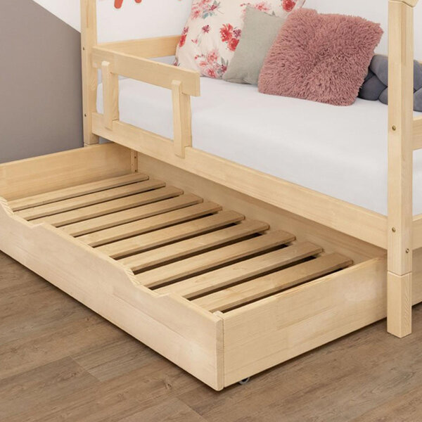 Tiroir à roulettes rangement ou lit - bois vernis pour lit 90 x 190 cm