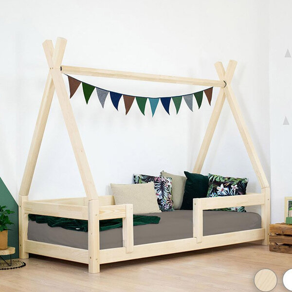 Lit Tipi enfant avec barrière bois massif naturel vernis 120 x 180 cm