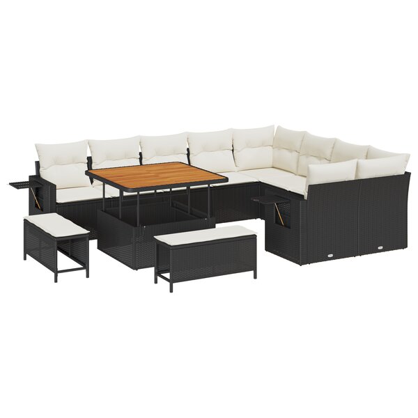 Set de sofa de jardin de 12 pièces avec coussins noir rotin poly acacia