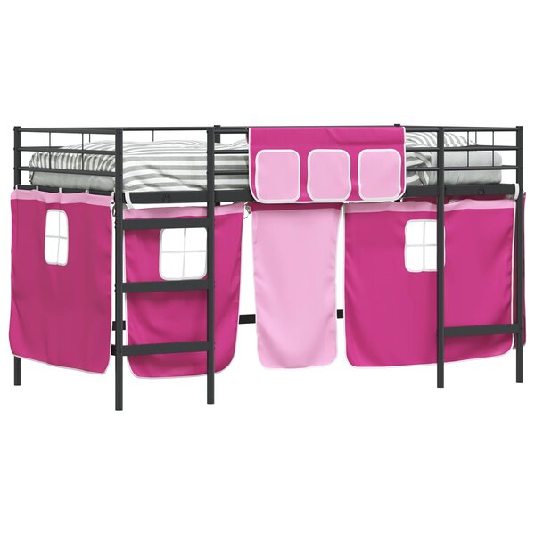 vidaXL Cadre de lit superposé pour enfants avec rideaux Noir et rose