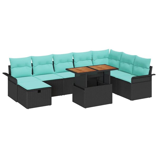 vidaXL Ensemble de canapé de jardin avec coussin 9 Pièces Noir Poly rotin
