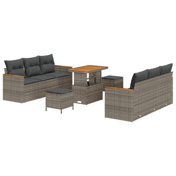 Ensemble de 9 Pièces de Canapé de Jardin avec Coussins Rattan Poly Gris Acacia