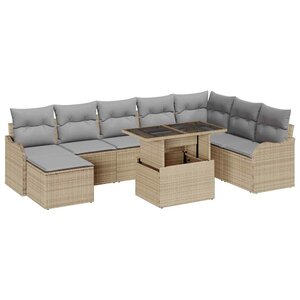 vidaXL Canapé de jardin 9 pièces avec coussins en poly rotin beige.