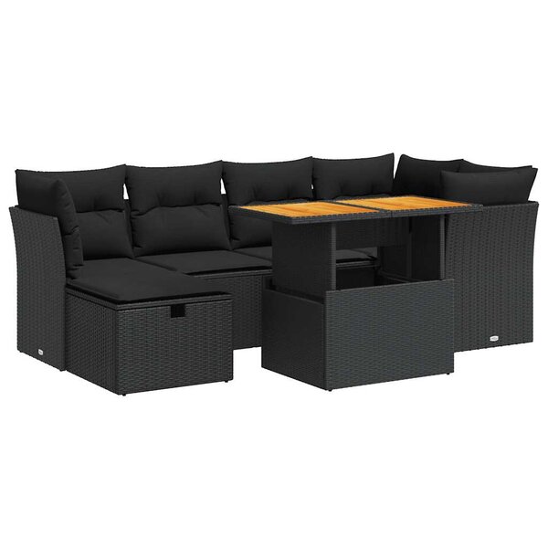 vidaXL Salon de jardin avec coussins 7 Pièces noir résine tressée acacia