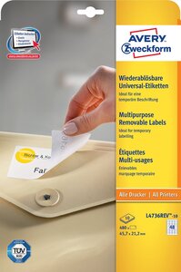 Boite de 480 etiquettes stick+lift 45,7 x 21,2 mm sur 10 feuilles blanc repos... Avery zweckform