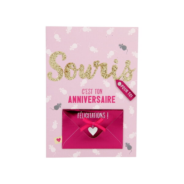 Carte de voeux paillettes - anniversaire - souris c'est ton anniversaire