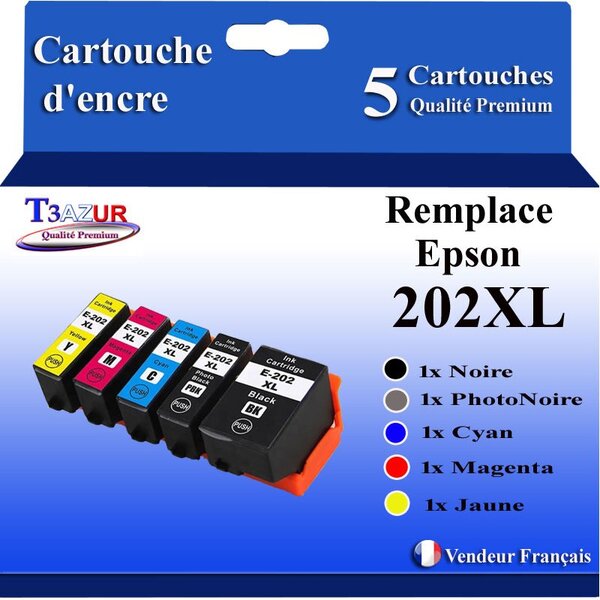 T3AZUR- 5 Cartouches Compatibles avec  Epson 202 XL pour Epson Expression Premium XP-6000 XP-6005 XP-6100 XP-6105