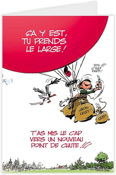 Grande carte départ gaston lagaffe avec enveloppe pour retraite ou déménagement