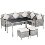 Salon de jardin 6 pers. grand confort canapé d'angle + 2 poufs + table à manger 9 coussins assise & dossier fournis résine tressée grise