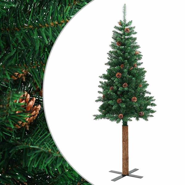 vidaXL Sapin de Noël mince avec bois véritable et cônes vert 150cm PVC
