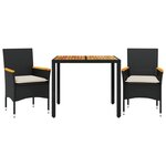 vidaXL Ensemble à manger de jardin et coussins 3 Pièces noir rotin acacia